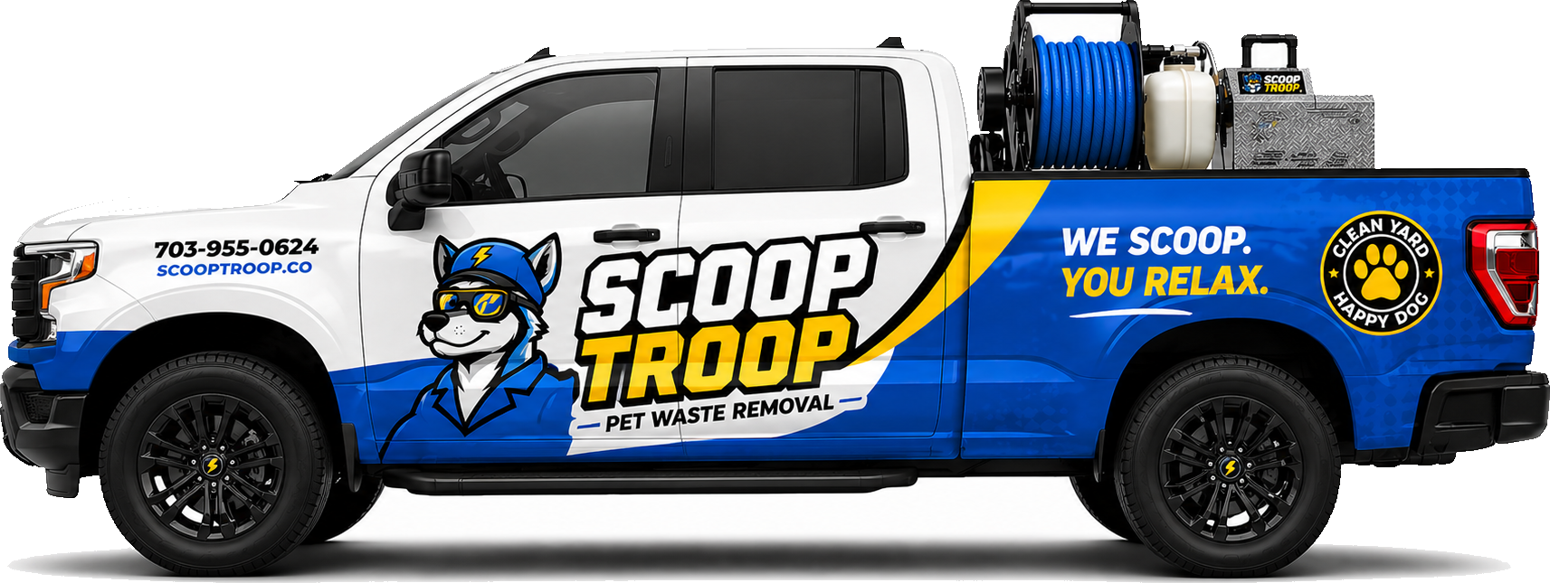 The Scoop Troop service truck — branded pet waste removal vehicle for Northern Virginia